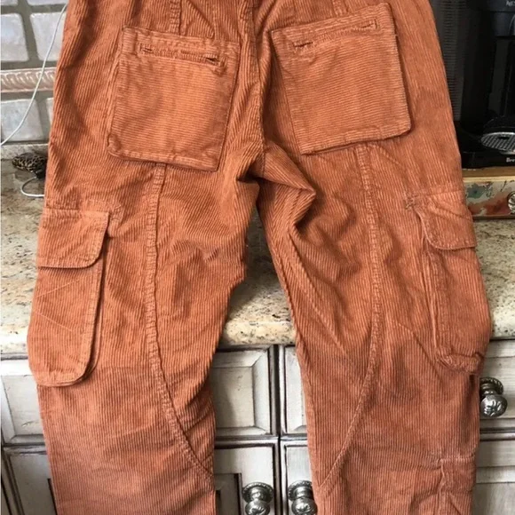 Free People Tahiti Cord Cargo Pants Utility Pockets Smocked Waist Cord Tie Rust - Picture 7 of 7